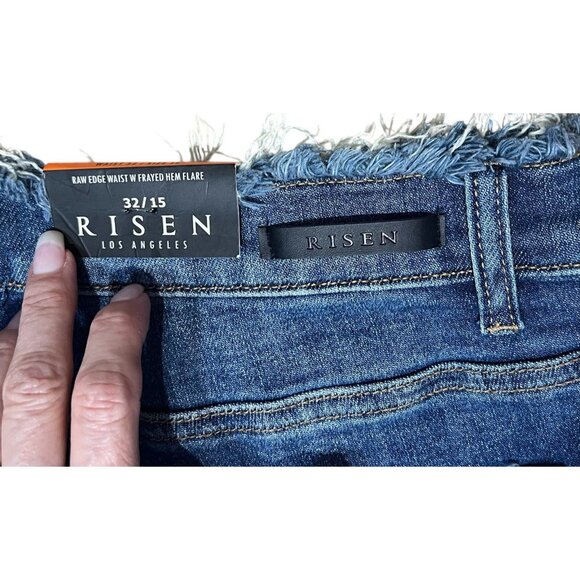 Risen Women Jeans RAW EDGE WAIST W FRAYED HEM FLARE Blue Distressed 32/15 NWT - Picture 15 of 16